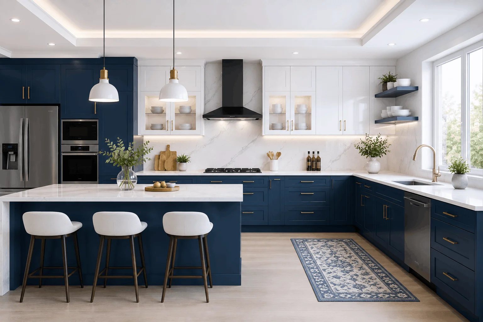 Luxury navy and white modular kitchen with a marble island, brass pendant lights and a black chimney